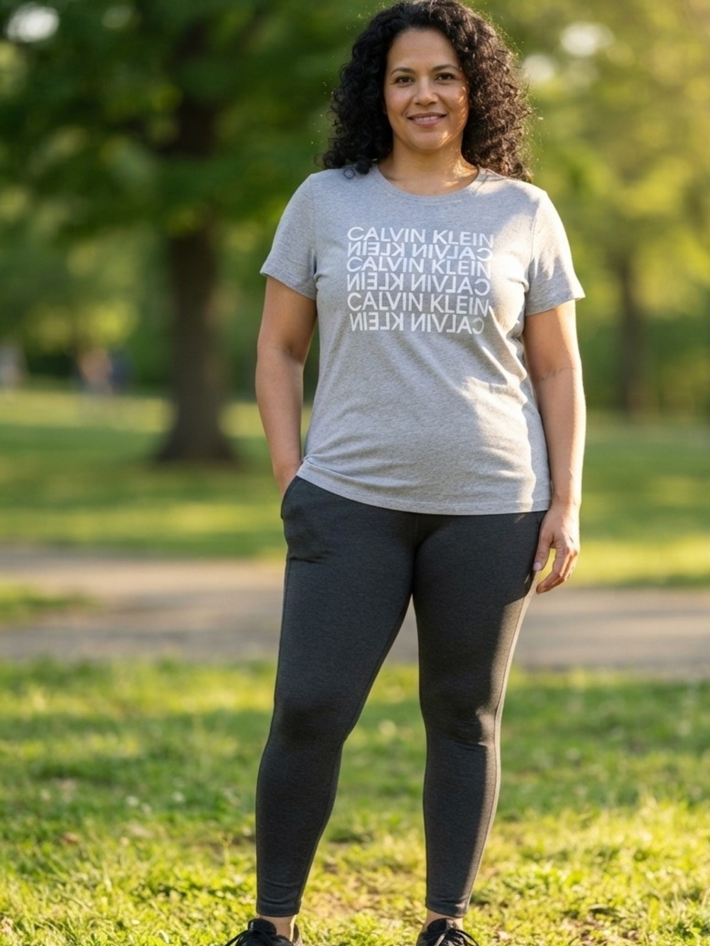 Women's Plus 2X Gray Logo Crew Neck Stretch T-Shirt